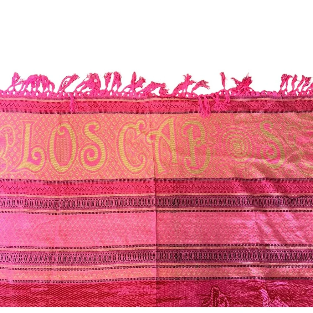 Mexico Los Cabos Woven Blanket Wall Hanging Pink Tapestry Fringe Boho 57x90